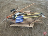 Yard and garden tools: shovels, shop brooms, scythe, hammers, post hole diggers,