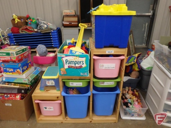 Wood shelf with plastic bins, Mega Blocks, Discovery Toys marble works, play dough items,