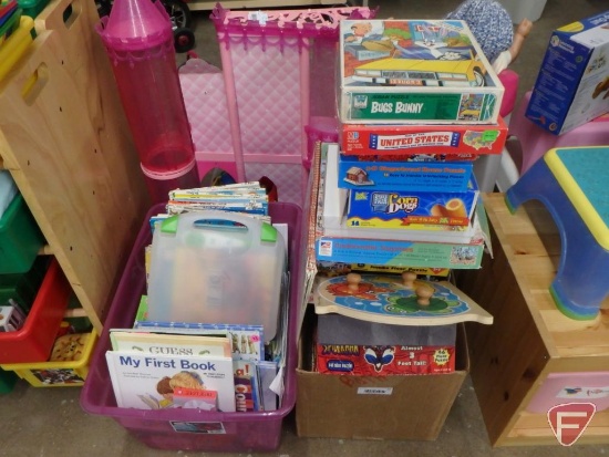 Childrens books and puzzles. Contents of box and tote.