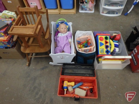 Childs wood rocker, doll wood high chair, wood cradle, shape sorter, plastic utensils and cups,