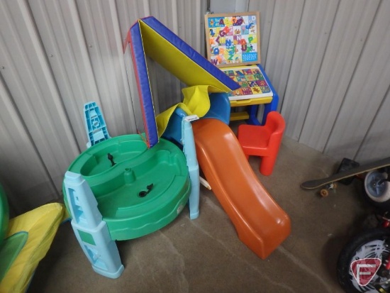 Childs Sesame Street desk, toddler slide, water/sand table, and padded mirror