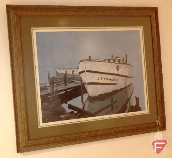 Framed and matted print by W Bodine, JR Chambers boat, 112/250, 28.5inx34in