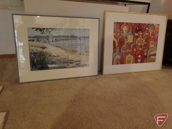 (2) framed and matted prints, Come and Relax 1/300 26inx32in, glass is cracked in corner, and