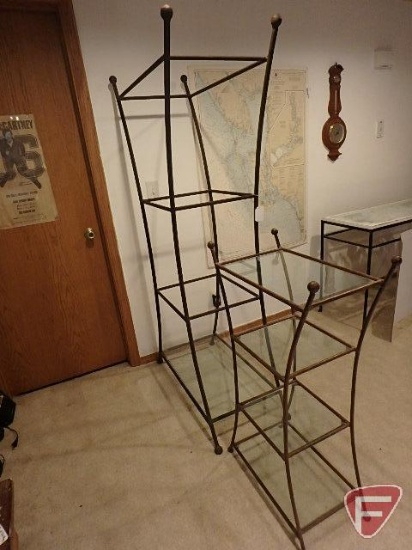 Commercial grade wrought iron display shelves, tallest is 69inHx35inWx17inD missing 3 glass shelves.