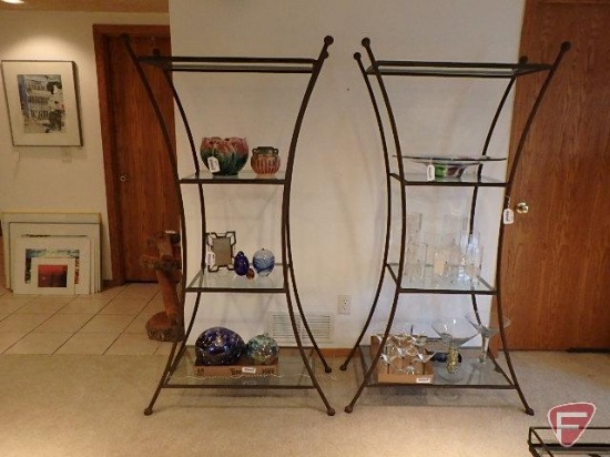 (2) Commercial grade wrought iron display shelves with 4 glass shelves, 69inHx35inWx17inD. Both