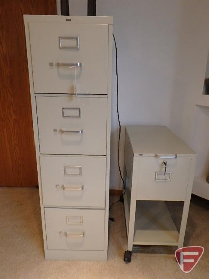 Hon 4 drawer metal file cabinet and Hon lifting top locking file cabinet with key on wheels. Both