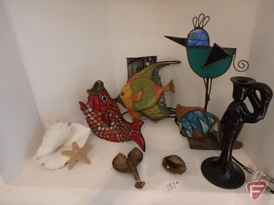 Brass dolphins, lobster and shell, mosaic fish table lamp, metal and glass bird and fish, painted