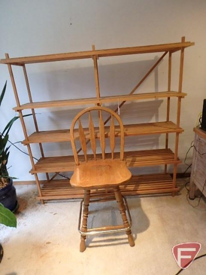 Wood shelf 60inHx60inWx16inD, (1) wood swivel chair/stool, and wood table with one drawer and one