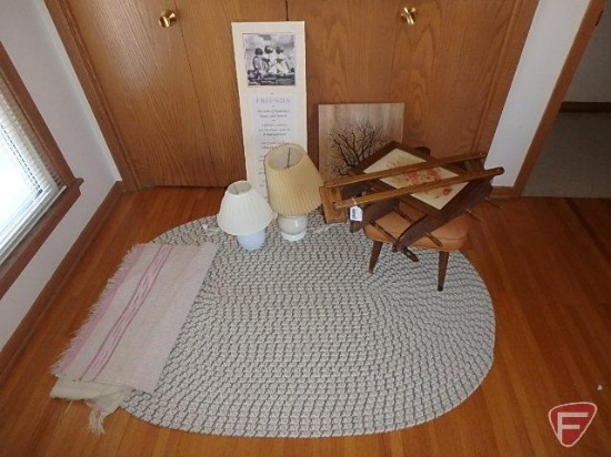 Braided area rug 64inx43in, (2) rag rugs, table lamp, foot stool, wall shelves, wall hangings