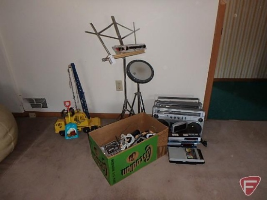 Music stand, recorder, Weather King drum, (2) Sears SR2100 series radio/cassette, phones and