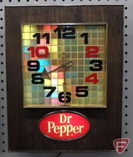 Dr Pepper electric wall clock, 15inHx12inW, clock works, only left side of face lights up