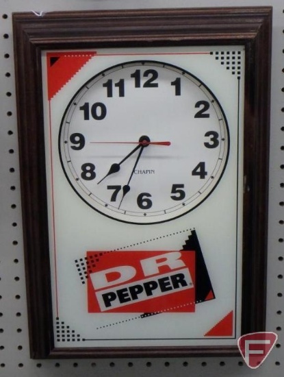 Dr Pepper wall clock in wood frame, battery operated, 19inHx13inW