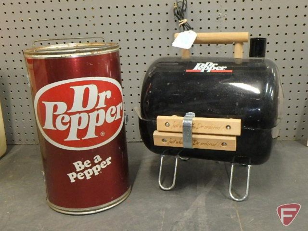 Dr Pepper can two-sided charcoal grill and black charcoal on legs, 13inH.  Both | Art, Antiques & Collectibles Collectibles Collectible Advertising  Soda Advertising Soda Merchandise | Online Auctions | Proxibid