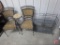 (2) Metal and wicker chairs, metal and wicker table/plant stand and metal rack/shelf