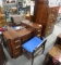 Vintage wood vanity with matching headboard, dresser/storage cabinet and chair.