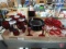 Cranberry glass items, stemware, plates, dessert cups, candle holders. Contents of 3 boxes