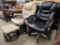 Leather office chair and microfiber swivel rocker with matching gliding footstool, shows some wear.