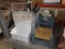 Painted wood step stool with drawer, wood handled box, and painted wood child/doll chair with wicker