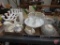 Glassware, ruffled edge cake plate, bowls, candy dishes, candle holders, planters. Contents of 3