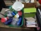 Cookbooks, plastic storage containers, jars, water bottles, ice bucket. Contents of box and tote.