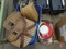 (3) vintage fishing creel baskets, flexible grill basket, ice fishing poles?some vintage, Thermos