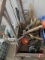 Yard and garden tools, some vintage, hack saw, pitchfork head. Contents of wood box