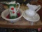 Crock bowl, painted pitcher, pitcher with matching basin. 4 pieces