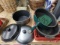 Cast iron covered pot, roaster, skillet, and extra cover, metal trivet.