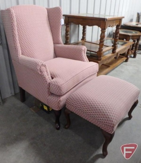 Hampton House upholstered wing back chair with matching ottoman and blanket/throw.