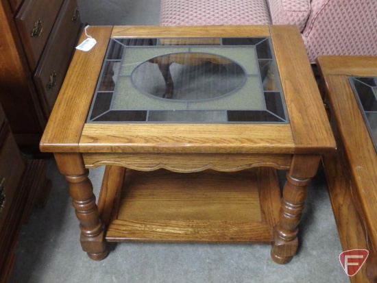 (3) matching wood tables with glass tops, coffee 58inx24in, side table 22inx27in, and 24in hexagon