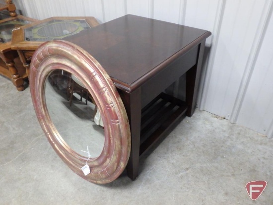 Wood side/end table with one drawer, 25inHx24inWx28inD and 29in framed wall mirror. Both pieces