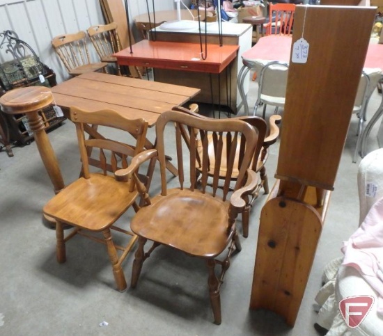 Wood items, plant stand, folding table, (3) chairs, and (2) book cases, tallest is