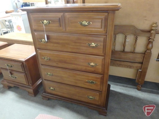 Wood dresser/storage chest, 5 drawers, 48inHx36inWx19inD. Matches lots 375, 376, and 378