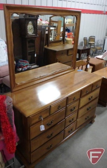Wood dresser with mirror, 14 drawers, dresser is 33inHx56inWx19inD, mirror is 35inx37in and