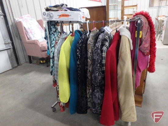 Ladies clothing and scarves, jackets, shirts, most are size L. All clothing on rack and scarves in