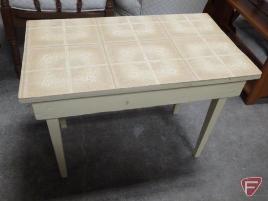White painted wood occasional table and tan painted wood table with linoleum top. Both