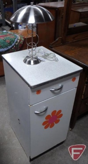 Metal cupboard/storage cabinet with formica top 36inHx16inWx20inD, and metal table lamp.