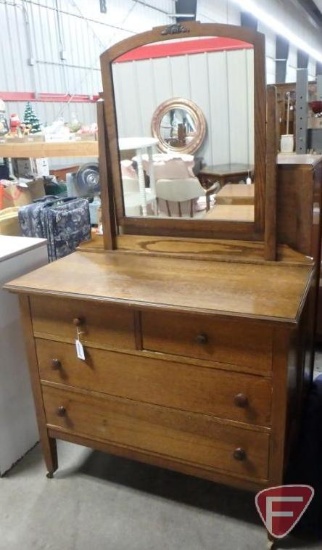 Vintage wood dresser with positional mirror, 68inHx40inHx20inD, on wheels, drawers need some work