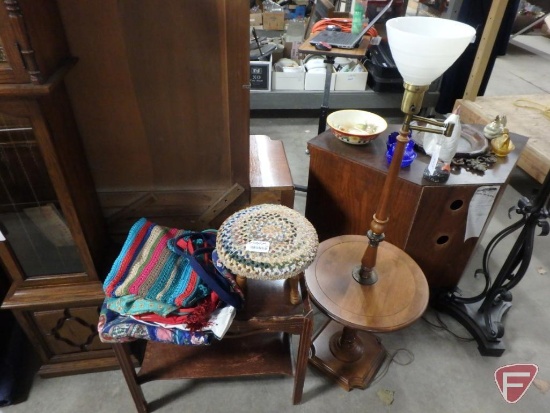 Wood table/shelf, foot stool, table/floor lamp, and bags.