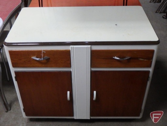 Painted wood cabinet/cupboard with enamel top, 2 drawers, 2 doors, 34inHx40inWx22inD, and