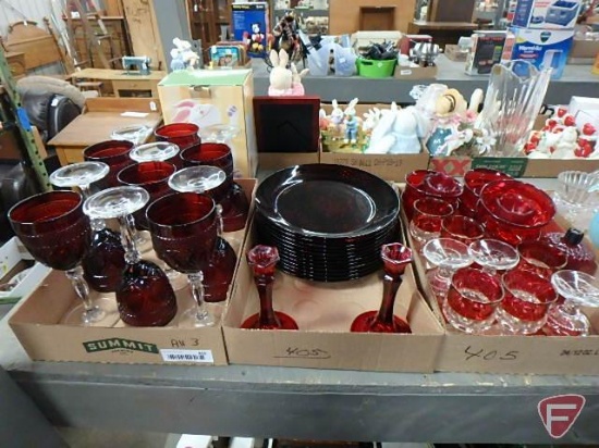 Cranberry glass items, stemware, plates, dessert cups, candle holders. Contents of 3 boxes