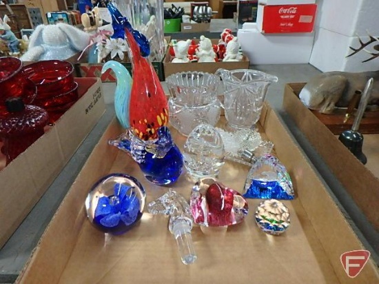 Glass and crystal paperweights and decorative pieces, glass creamery and vase.