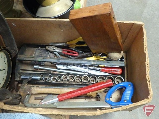 Hand tools, saw, sockets, pliers, vintage door hardware, painted galvanized milk strainer, wall