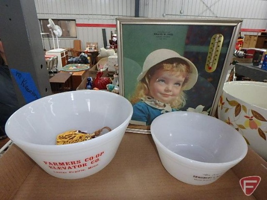 Ceramic advertising bowls, Farmers Co-Op Elevator Co and Schuberts Grocery and Texaco,