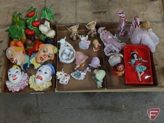 Figurines,some Lefton, ceramic wall decoration, glass candy, dolls, nesting dolls. Contents of 3