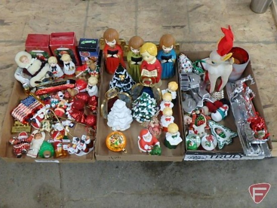 Christmas/holiday items, ornaments, figurines, cookie cutters, candle snuffers. Contents of 3 boxes