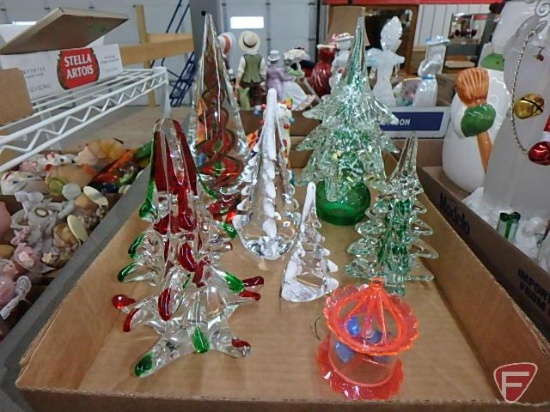 Glass trees, porcelain cat and vintage ornament.