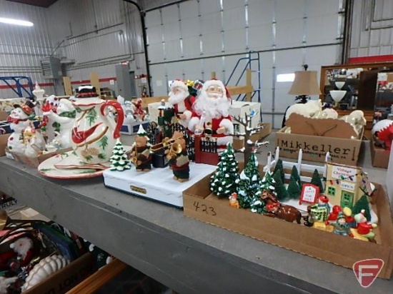 Ceramic snowmen, cookie jar; Cardinal platter, plate and pitcher; electric Wonderland Bear Band,