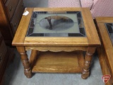 (3) matching wood tables with glass tops, coffee 58inx24in, side table 22inx27in, and 24in hexagon