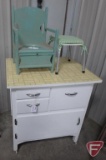 Wood cupboard with linoleum top, on wheels, 3 drawers, one door, 32inHx29.5inWx24inD,